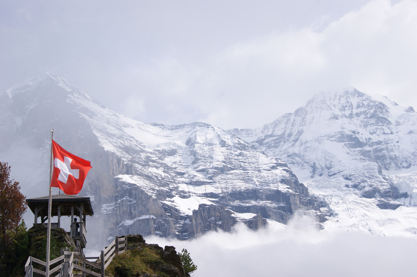 Switzerland Flag on Snowy Mountains Landscape